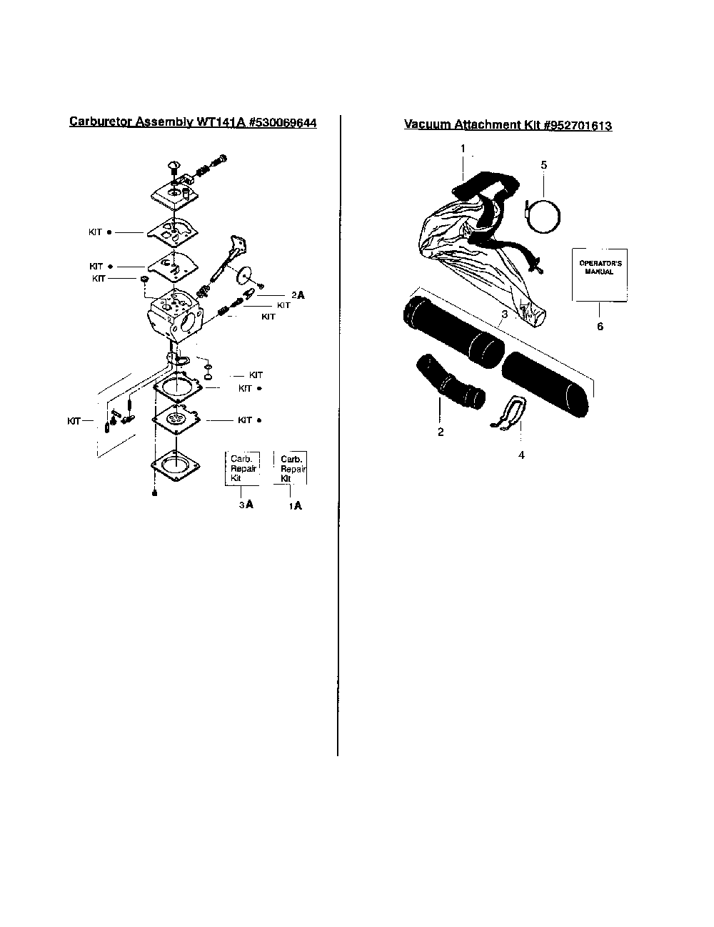 Carburetor/vac attachment kit Diagram and Parts List for TWISTER  Weed Eater Leaf Blower / Vacuum